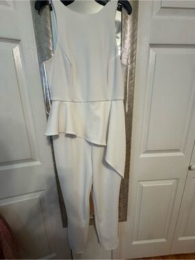 H by Halston White Peplum Jumpsuit with Draped Detail